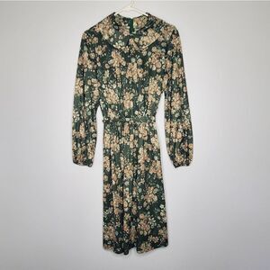 Handmade Vintage Dress Hunter Green Beige Flowers Floral Print